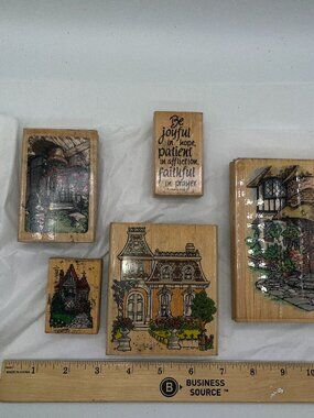 Vintage lot wood rubber stamps, various houses faith home house scrapbook stamp
